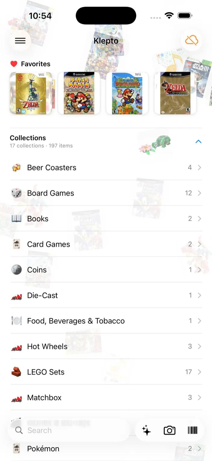 The bar at the bottom of the home screen with Amiibo NFC beside the camera and barcode buttons