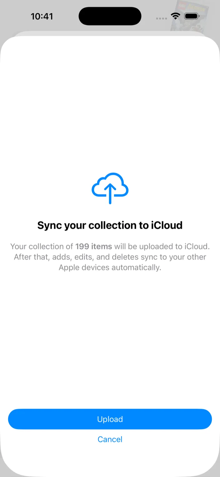 The first-time sheet: Sync your collection to iCloud, with an Upload button