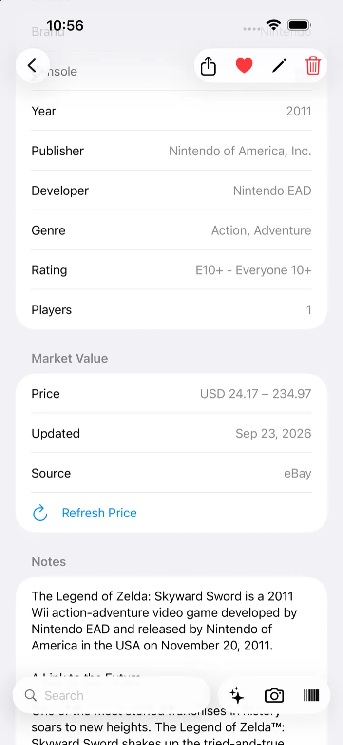 An item's Market Value section showing a USD price range from eBay, the date, and Refresh Price
