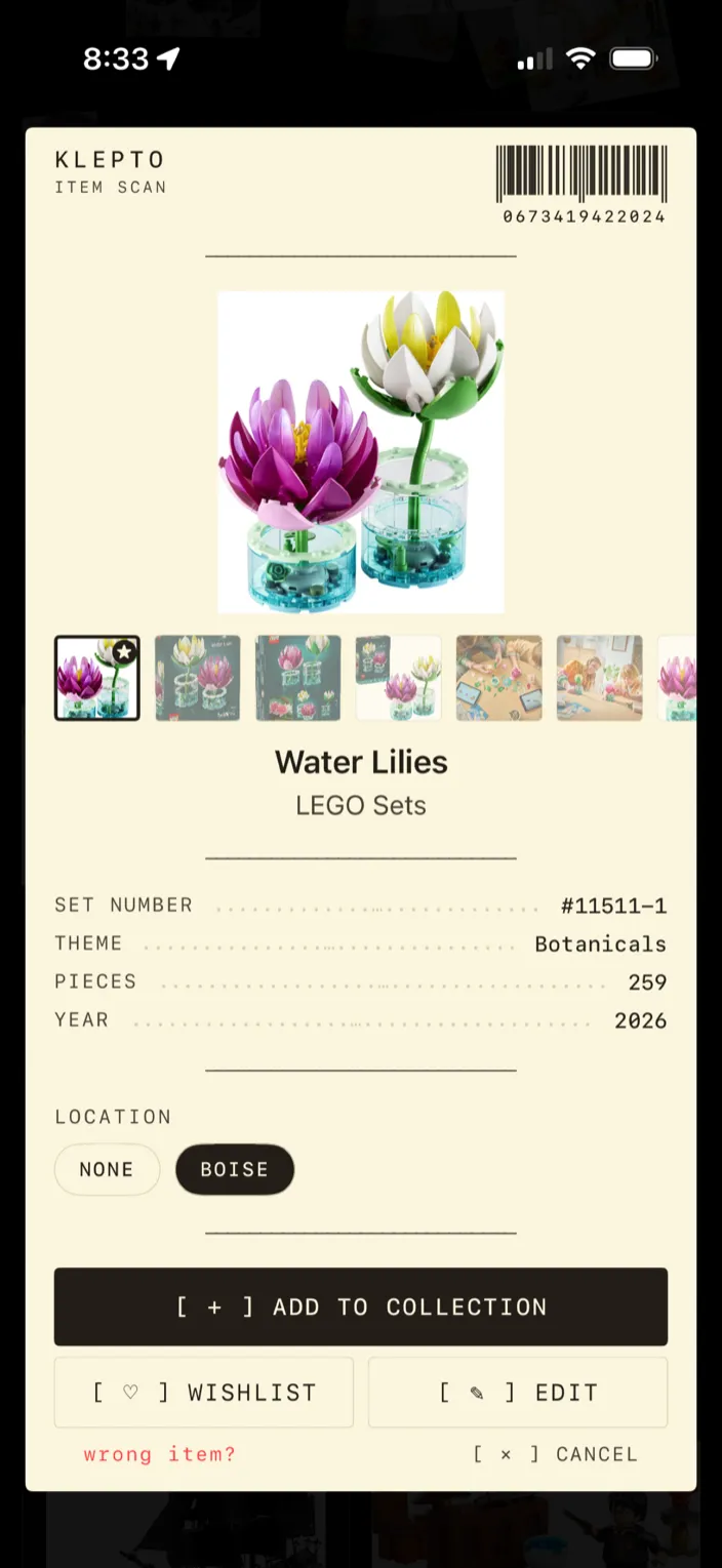 The item card after a barcode lookup, showing the LEGO Brandenburg Gate with set number, theme, pieces and year