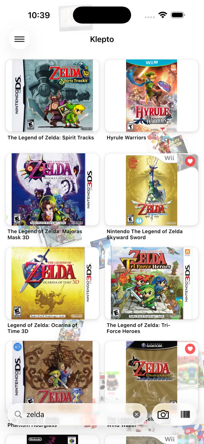 Search results for "zelda" — every Zelda game in the collection, plus Hyrule Warriors, which matches on its notes