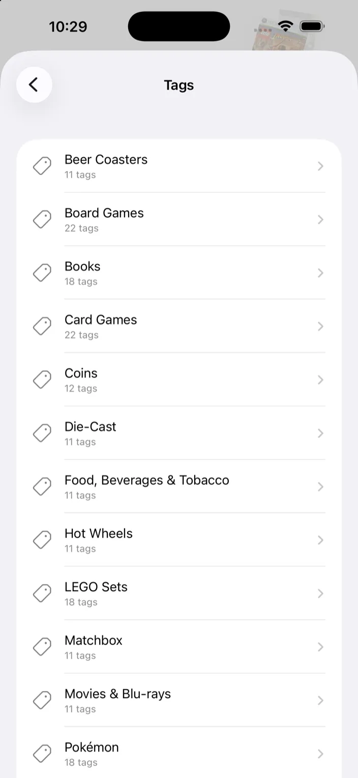 The Tags screen listing each category with its tag count
