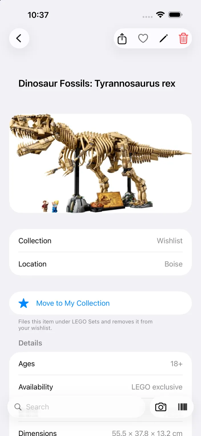 A wishlist item's detail view with the Move to My Collection button