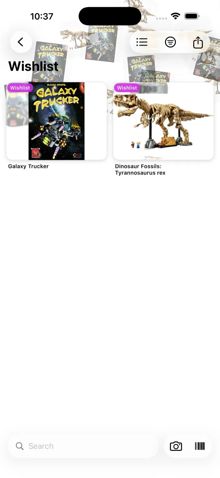 The Wishlist collection showing two items, each with a purple Wishlist badge
